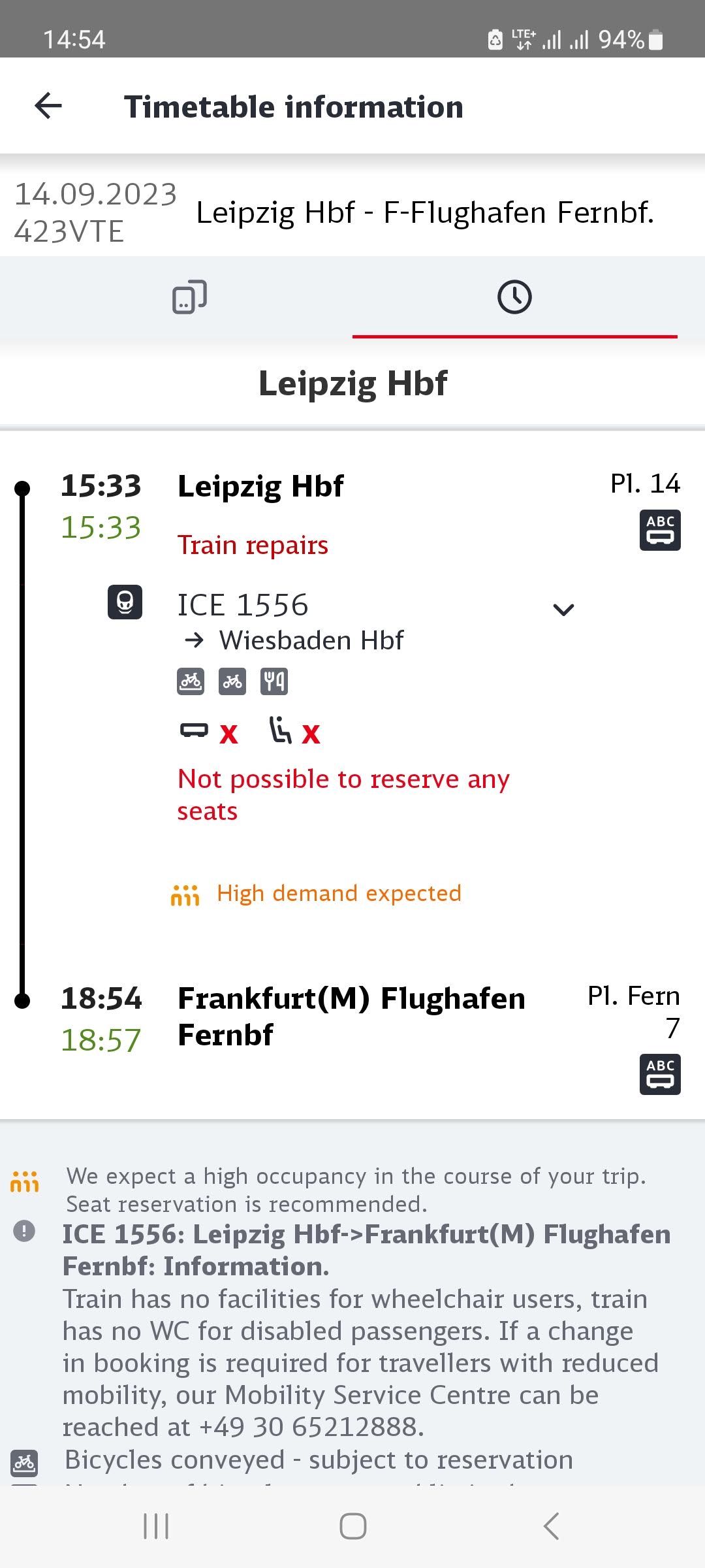 DB App showing the delay for my journey from Leipzig to Frankfurt Airport